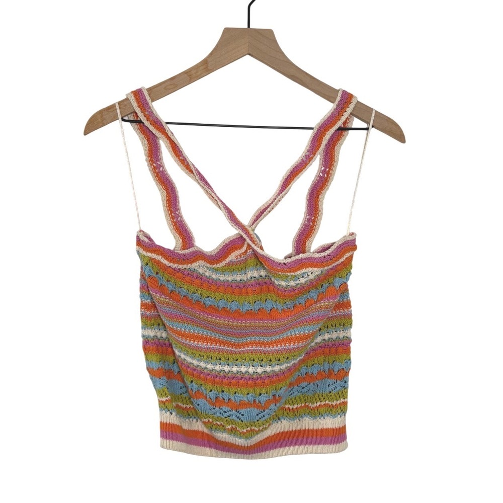 Zara Multi Color Striped Crochet Knit Crop‎ Top Sleeveless Crisscross Back Large